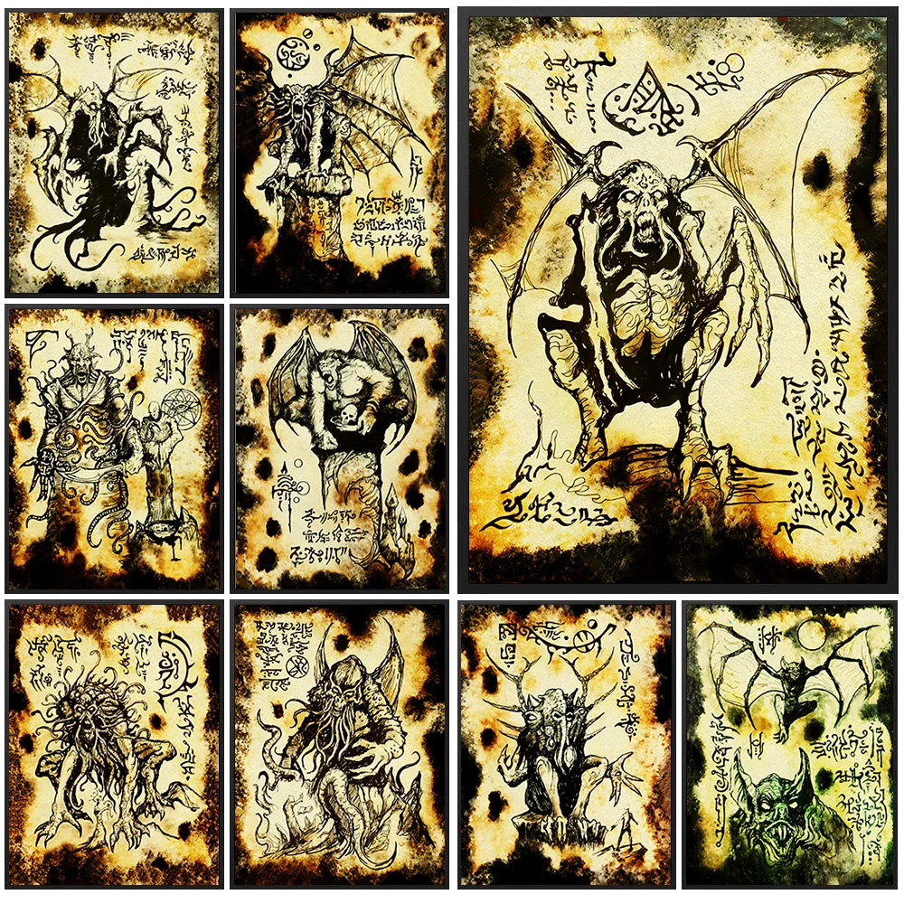 Nightgaunt,Cthulhu,Monster King Demonology Vintage Wall Art Canvas Painting,The Demon Lord Creepy Art Poster Print Home Decor