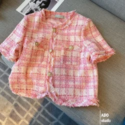 2025 Summer New Elegant Retro Short Korean Plaid Tweed Cardigan Women Fashion Short Sleeved Thin Short Jacket Female Elegant Top