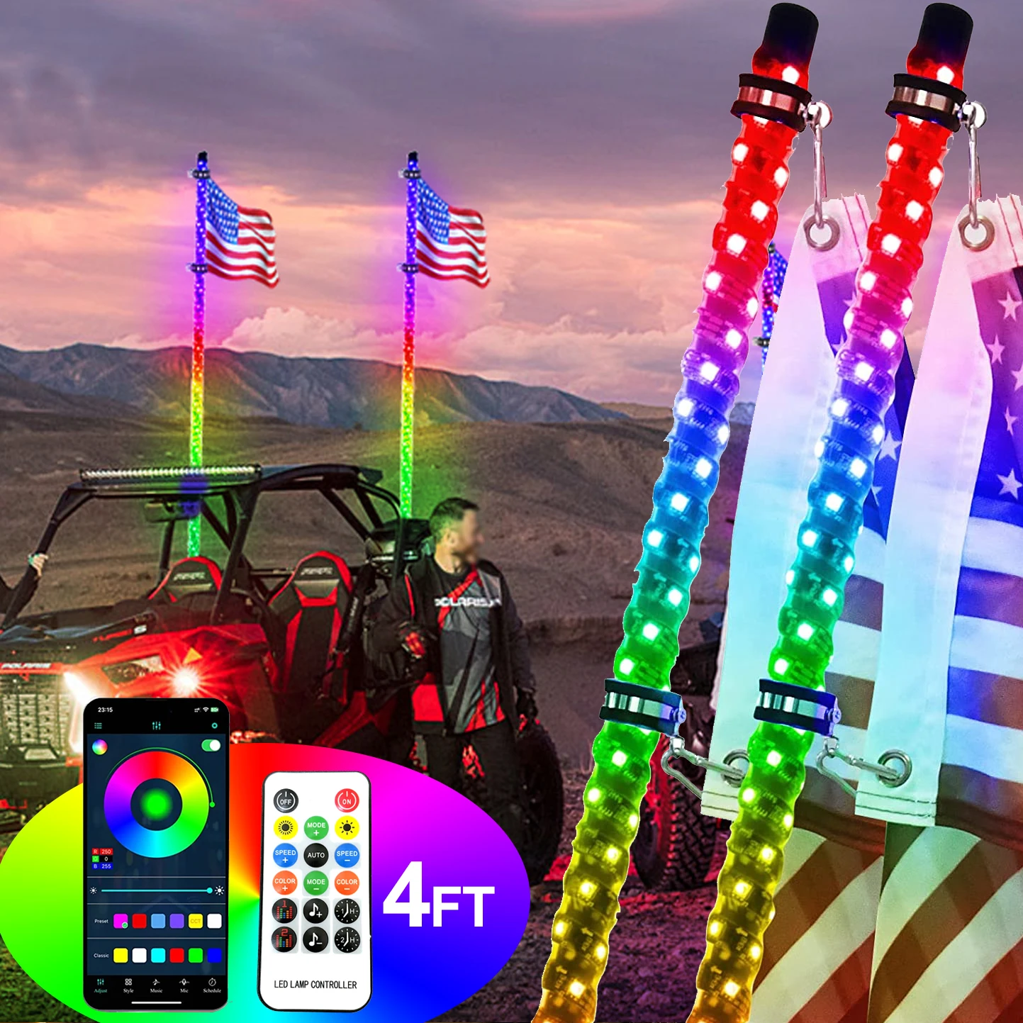 LED Whip Light with App & Remote Control,  Spiral RGB Chasing Music Whip Light for UTV ATV RZR Can-Am SXS Polaris Offroad Truck