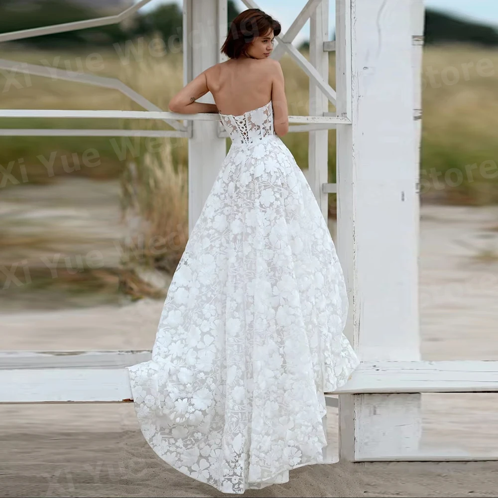 فساتين زفاف أنيقة على شكل حرف A للنساء بدون حمالات من الدانتيل فساتين زفاف فيستدو دي نوفيا بدون أكمام بدون ظهر فساتين العروس مخصصة رداء دي ماري