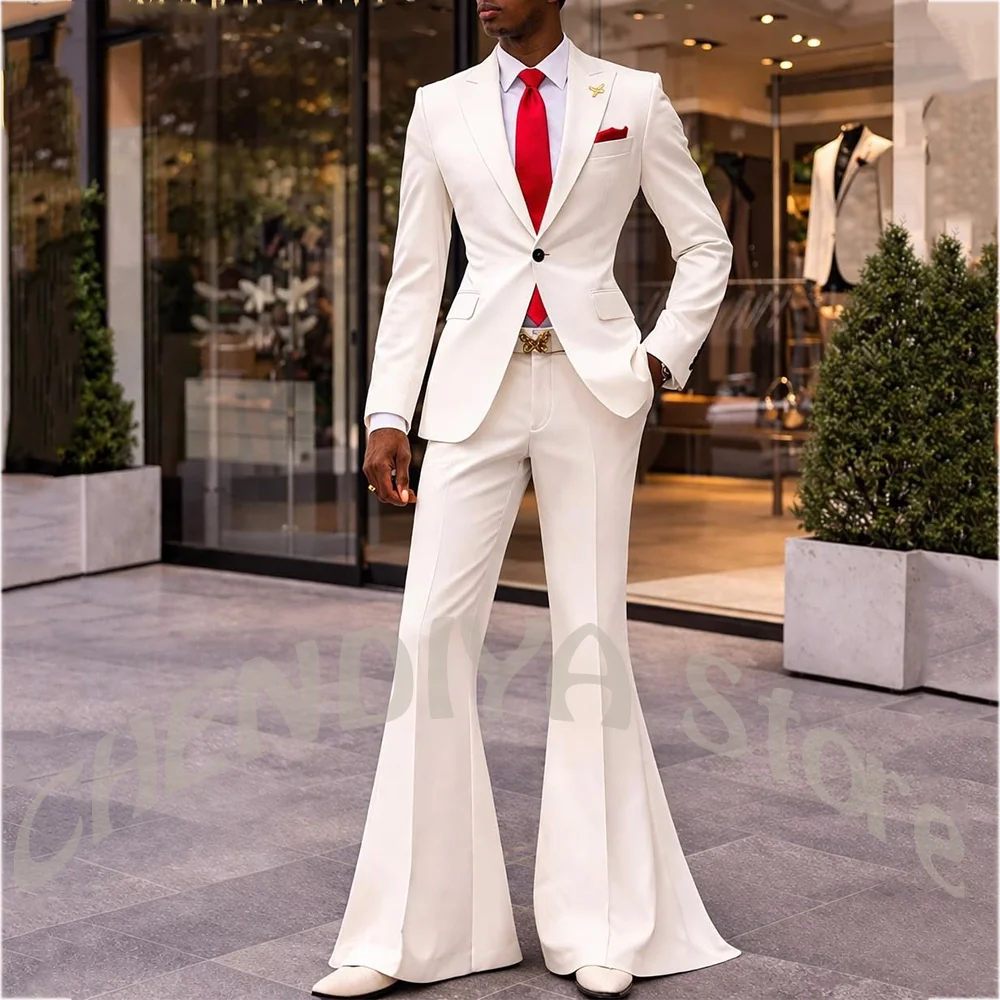 

Fashion Trendy Men Suit Set Slim Fit Single Button Jacket Flared Pants Formal Wedding Groom Prom Party Business Wear 2 Piece