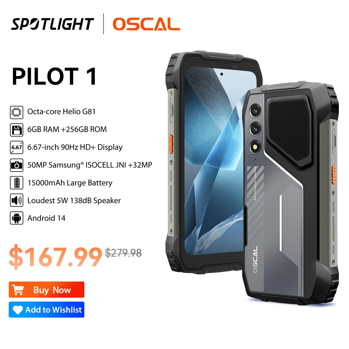 OSCAL PILOT 1 Rugged Smartphone , 15000mAh Battery, 6.67'' HD+Display MTK Helio G81, 6GB 256GB NFC Mobile Phone 5W 138dB Speaker