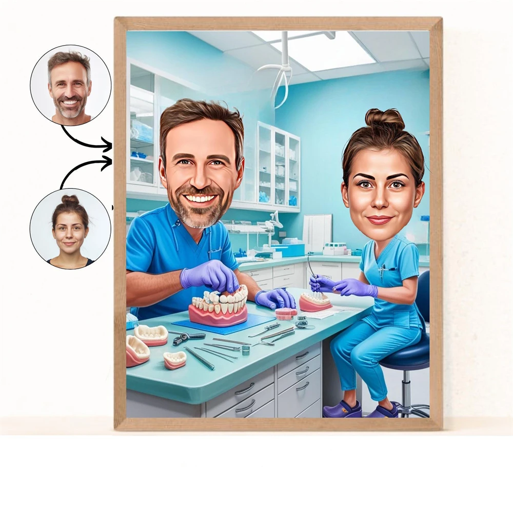 Dental Assistant Couple Cartoon Portrait Poster Dental Assistant Gift Dental Prosthetist Caricature From Photo Canvas Painting