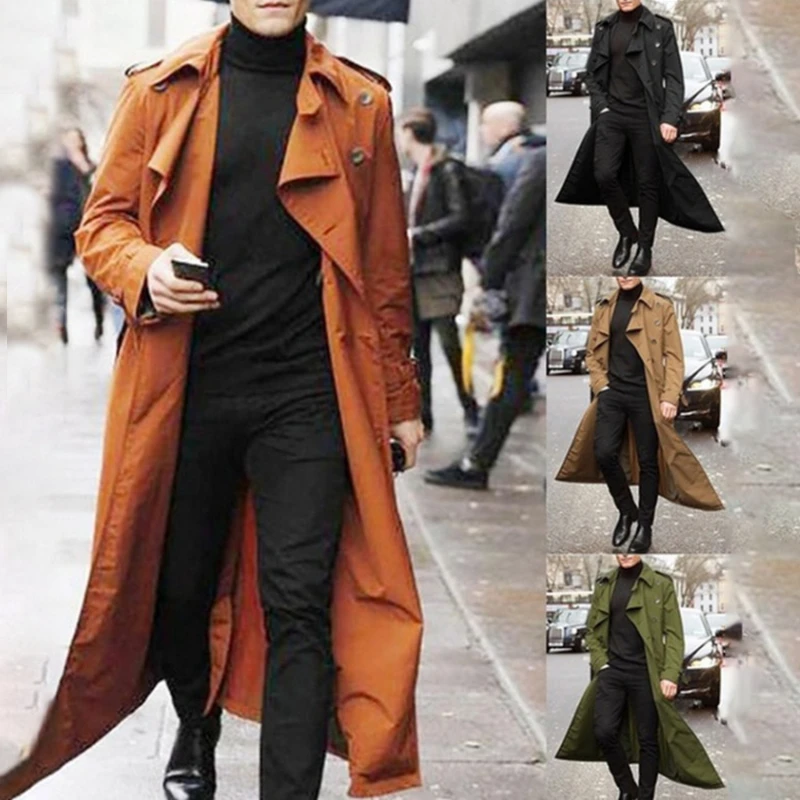 

Men Overcoat Vintage Long Trench Coat Men Double Breasted Jacket Coats Mens Business Black Long Solid Windbreak Coat Outwear