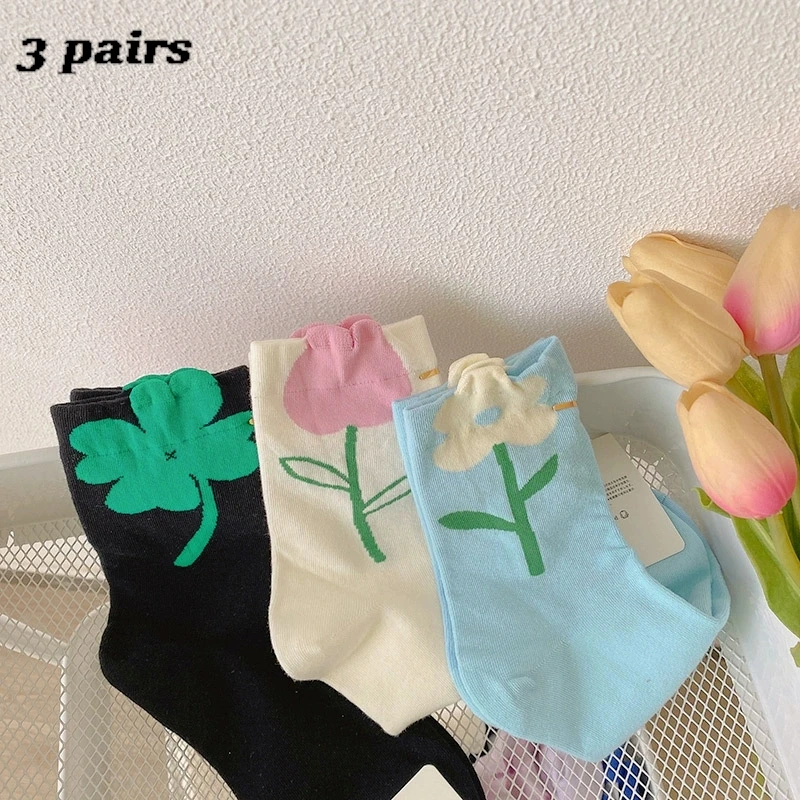 

3 пары женских носков, комплект японских тюльпанов, художественные кавайные милые носки средней длины, удобные дышащие хлопковые носки Fror Girl