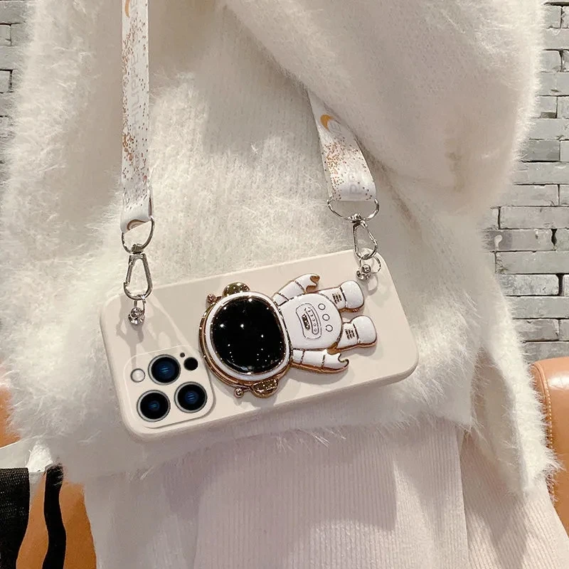 Crossbody Lanyard Astronaut Bracket Phone Holder Case For iphone 14 13 12 11 15 Pro XS Max Mini XR X 8 7 6 6S Plus SE 2020 Cover
