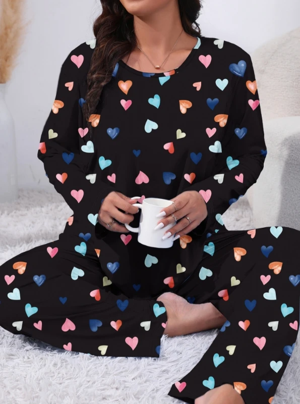 Conjunto de pijama feminino plus size de manga comprida e calças, 2 peças, camiseta e calças de manga comprida com estampa de coração, roupa de dormir elegante e confortável