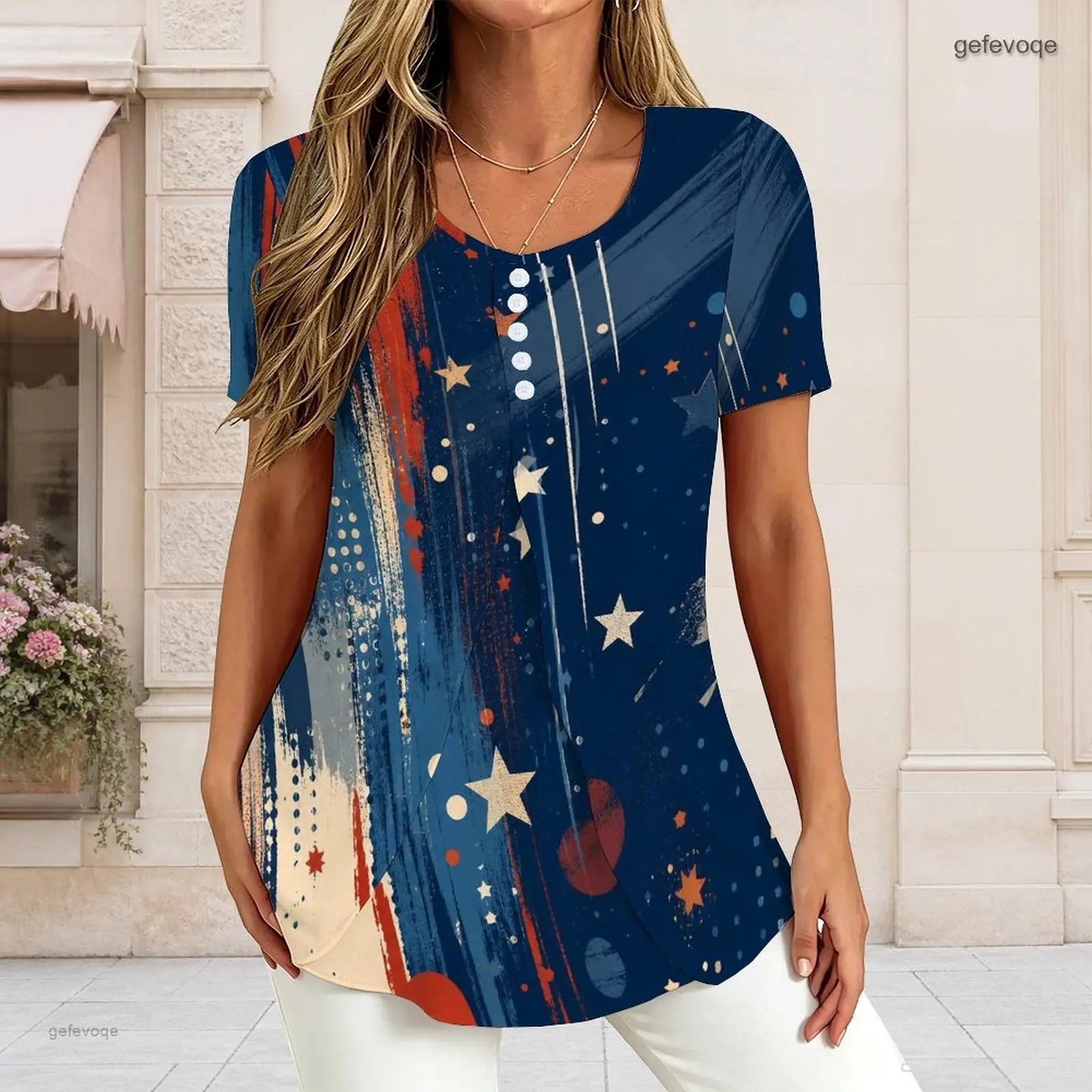 Women V Neck Short Sleeve T Shirt Half Button Placket Fake Two Piece Layered Curved Hem Loose Tunic Top Custom Print Ladies Casu