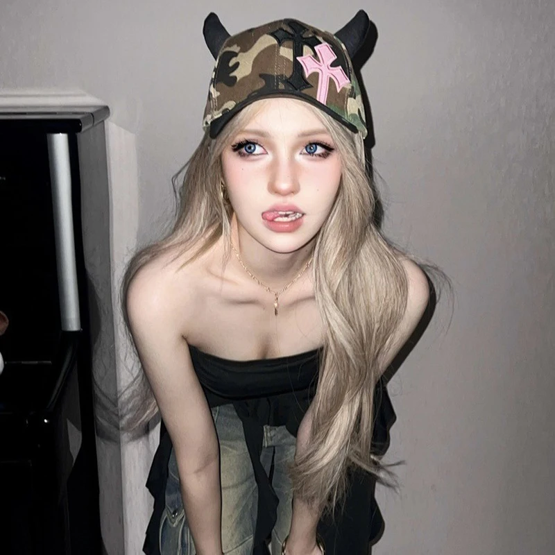 

Ladies' Visors Camouflage Cross Embroidery 3D Ears Subculture Y2K Cool Trendy Baseball Caps Fashionable Versatile Hats For Girl