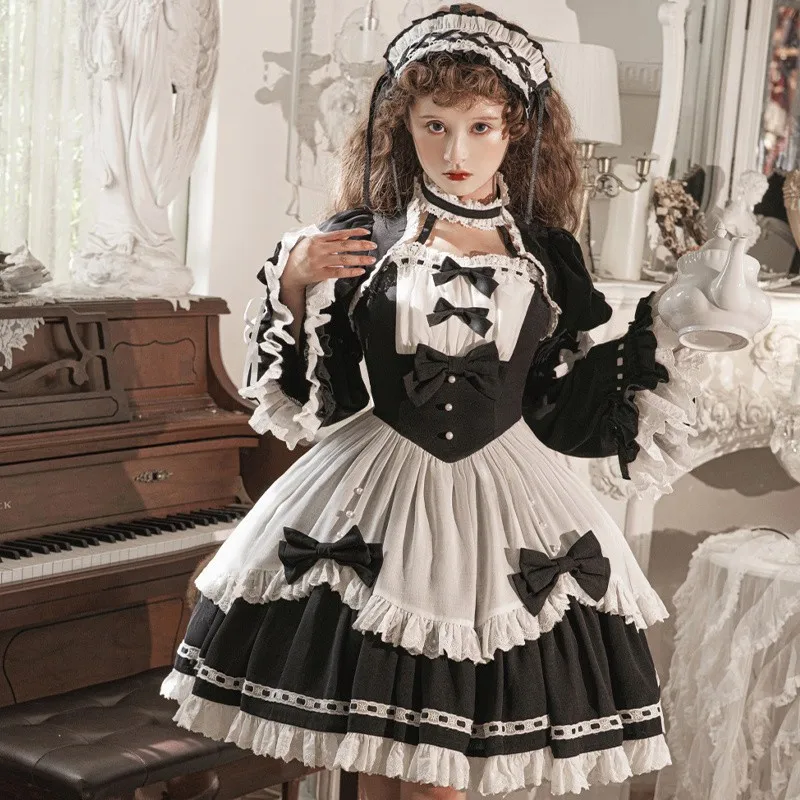 Autumn Winter Daily Lolita Dress Maid Coffee JSK Dress Set Princess Lolita Dress+shawl Set Halloween Costume Cosplay Clothes