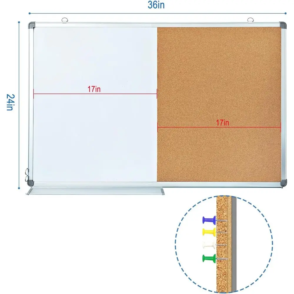 Quadro Branco Magnético e Quadro de Cortiça de Dupla Função, 36x24 Polegadas, Montado na Parede para Uso em Casa e Escritório