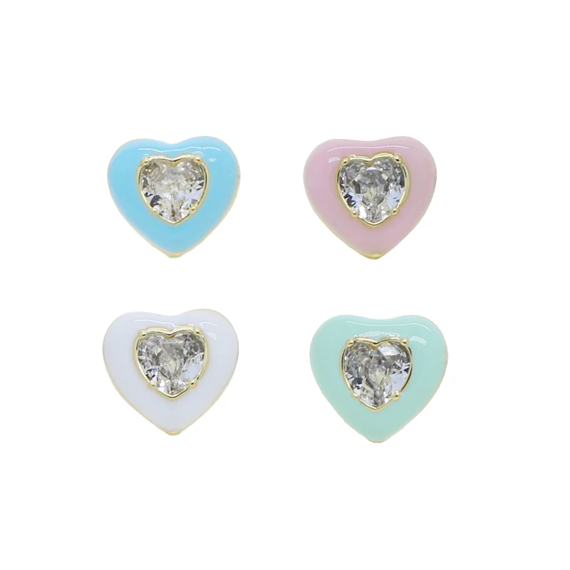 2022 Summer New Gold Color Pastel Enamel Colorful Heart Shaped Cubic Zirconia CZ Lovely Women Girl Stud Earring