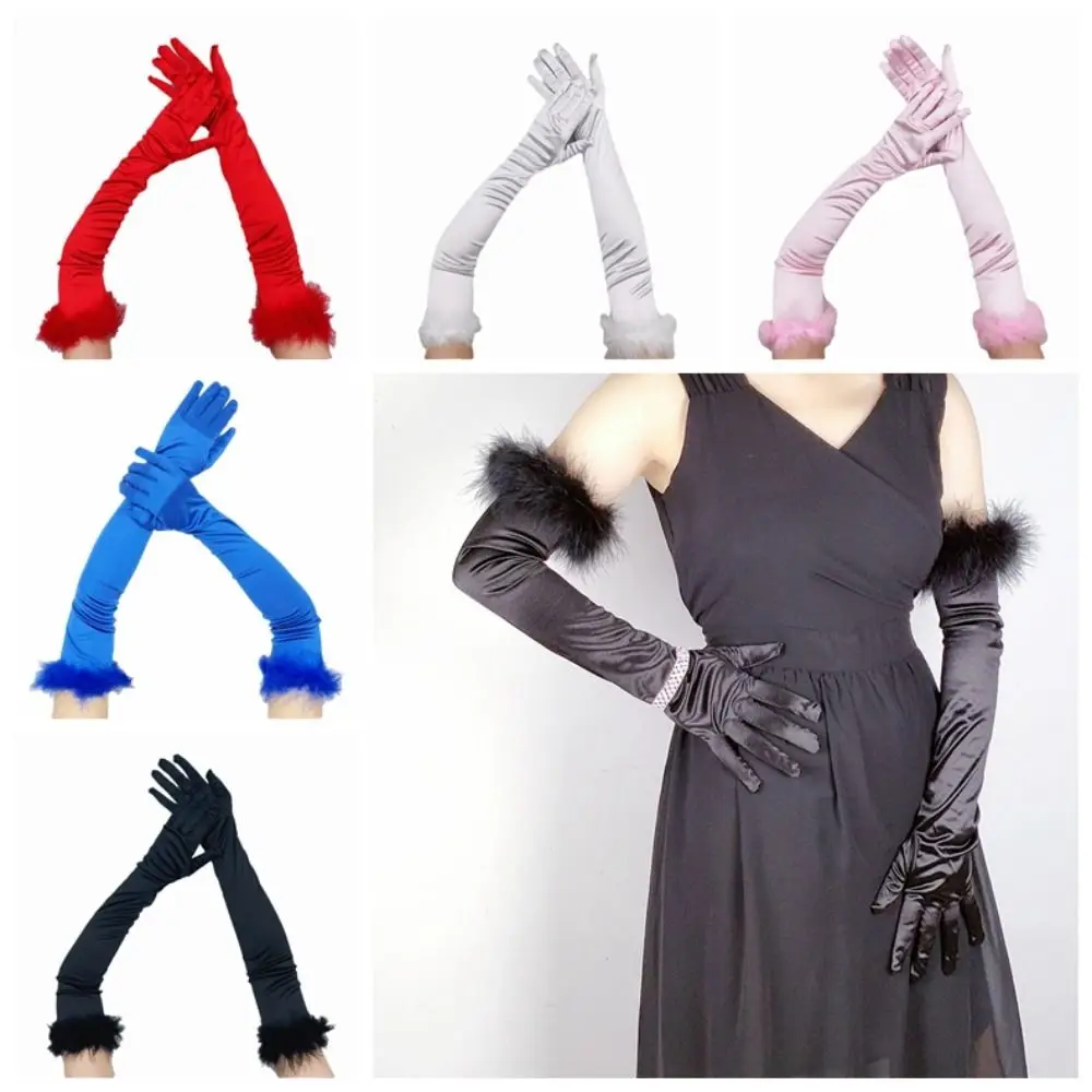 

Elegant Women's Long Fluffy Gloves Vintage Satin Bride's Long Gloves Comfortable Flexible Full Finger Gloves Wedding Accessories
