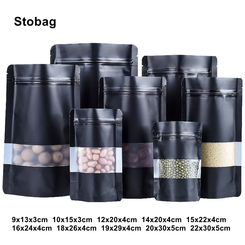 StoBag 100pcs Black Matte Food Packaging Ziplock Bag Stand Up Self Sealing Window for Snack Nuts Beans Storage Reusable Pouches