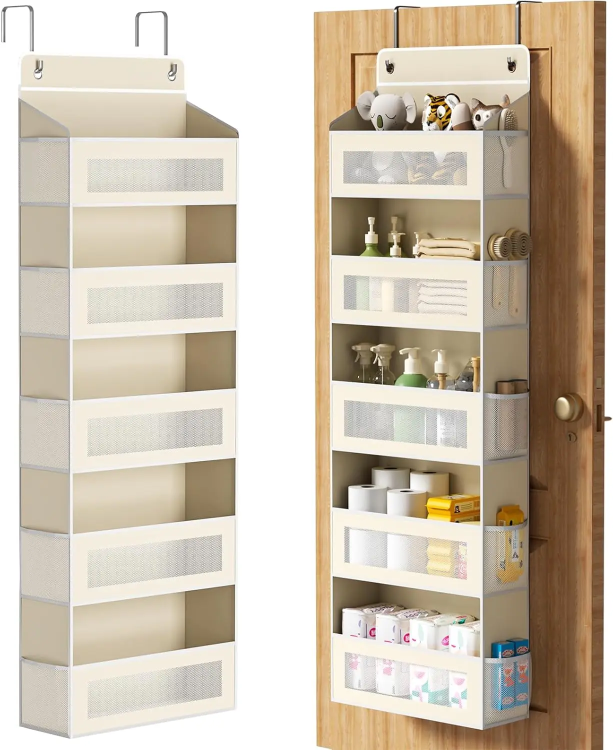 

Over The Door Organizer with 5 Large Pockets, Over the Door Storage 10 Side Pocket 44 lb Load Behind Door Storage, Close