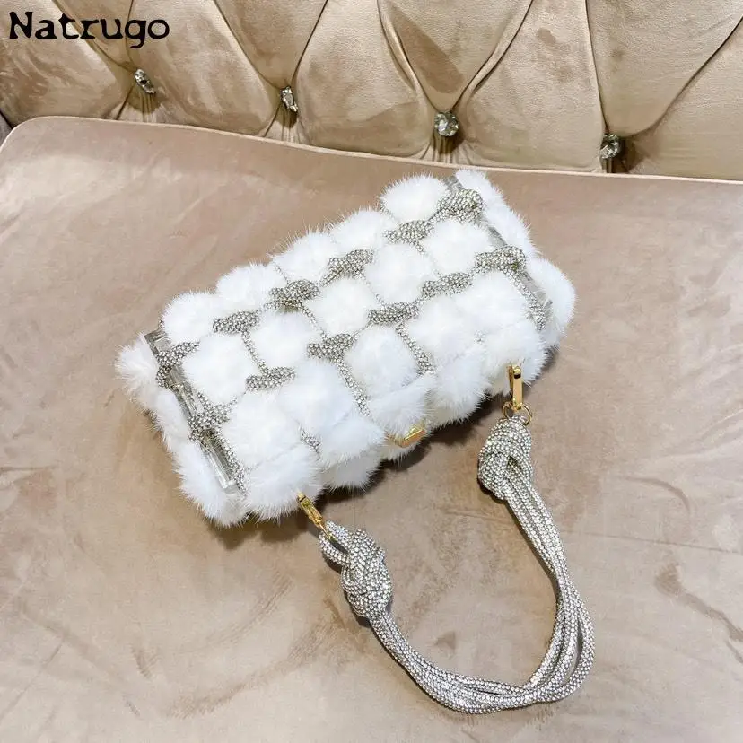 

Winter Fake Fur Acrylic Box Evening Clutch Bags Women Boutique Woven Knotted Rope Rhinestone Purses And Handbags Wedding Party