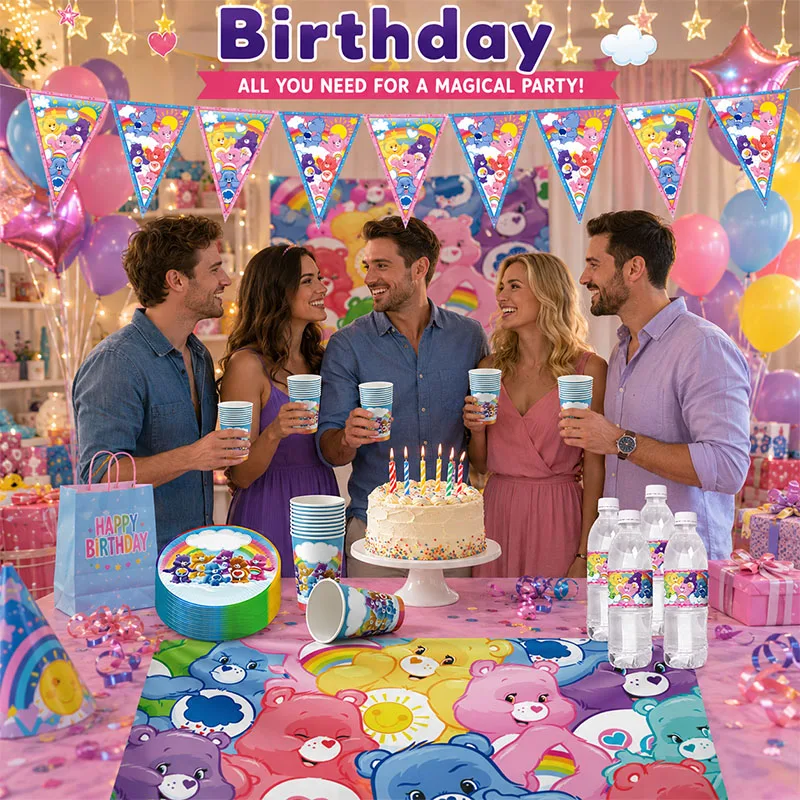 Bunte Care Bears Anime-Themen Teller, Becher, Banner und Hintergrund – Stilvolles Set für Geburtstagsfeiern und Familientreffen mit Geschenken – Detail 3