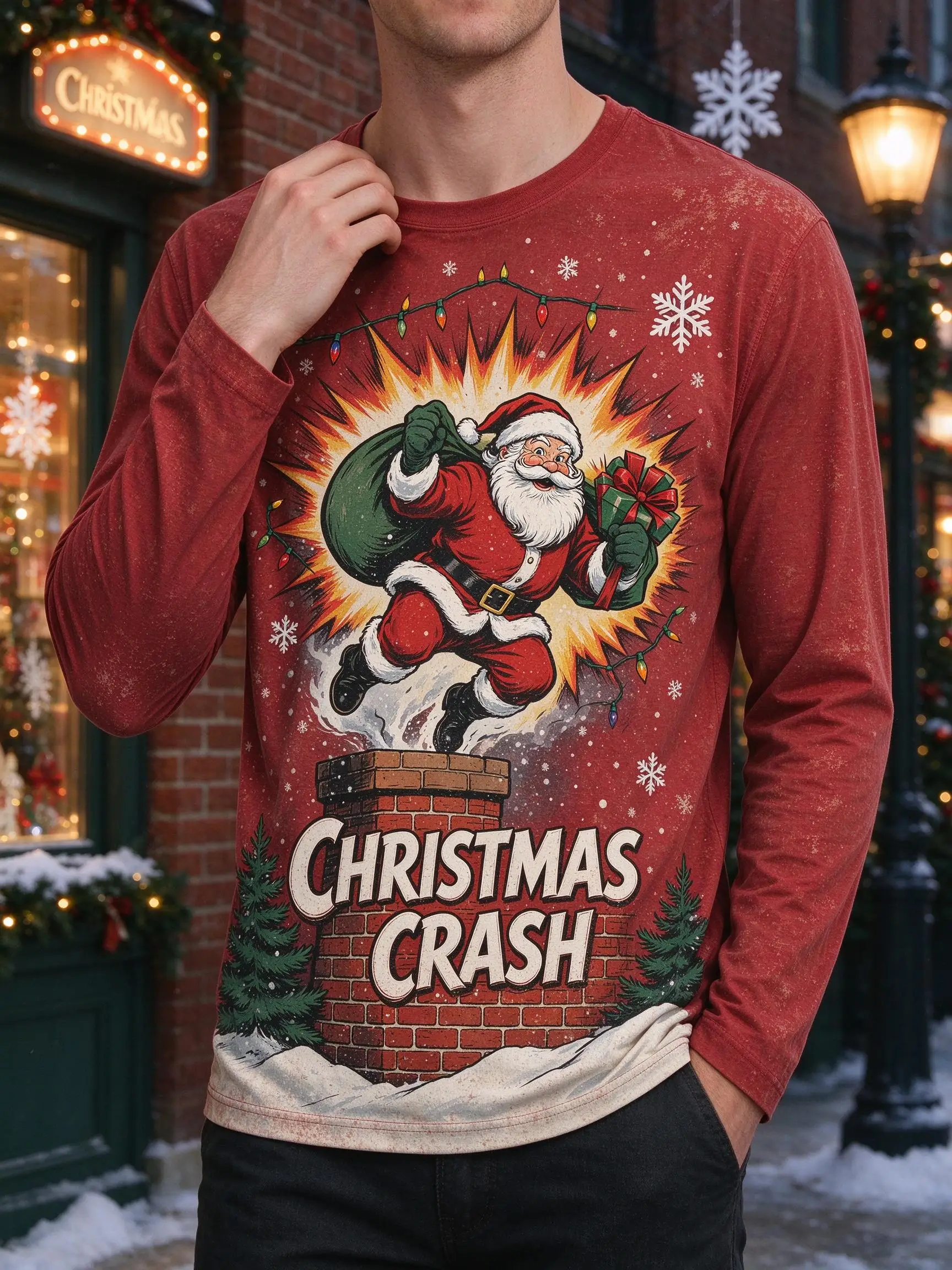 Men's Robbing Christmas Graphic Long Sleeve T-shirt, Gangster Santa Money Bag Police Car Xmas Print Casual Holiday Tops Tee