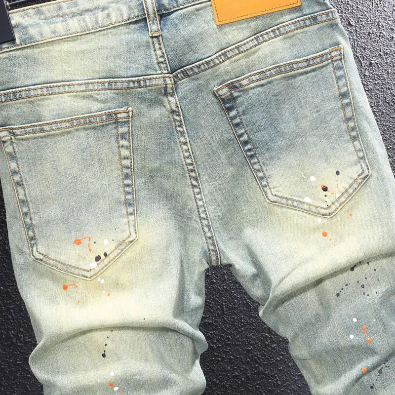Street Fashion Designer Men Jeans Retro Washed Stretch Slim Fit Painted Ripped Jeans Men Y2K Vintage Casual Denim Pants Hombre