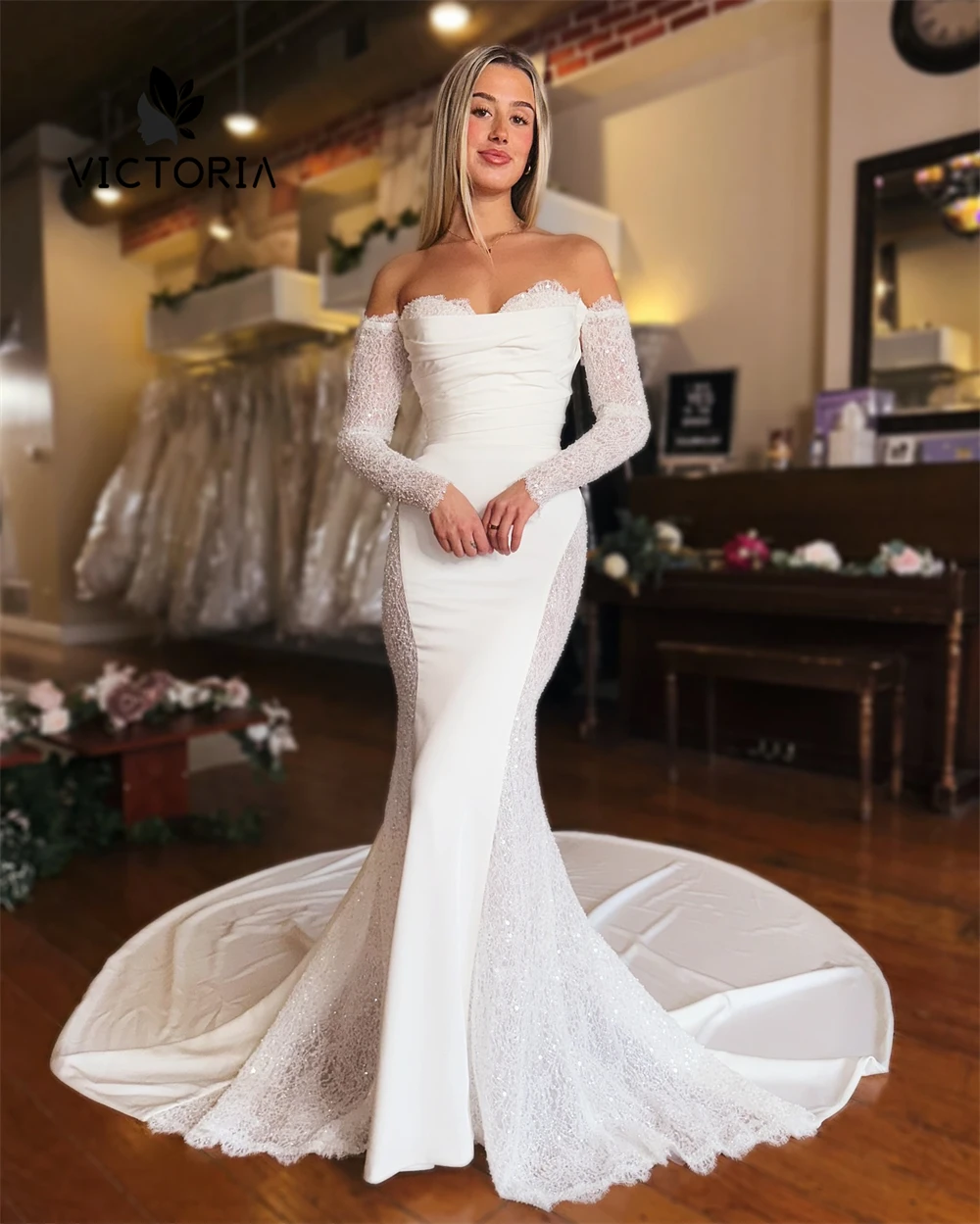 

Graceful White Mermaid Arabic Wedding Dresses With Lace Sleeves Beads Dubai Luxury Engagement Reception Gowns 2025 Customized