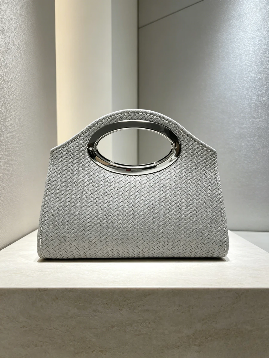 Light Gray Woven Leather Round Metal Ring Top Handle Clutch Women Soft Elegant Evening Handbag For Daily Cocktail Formal Party