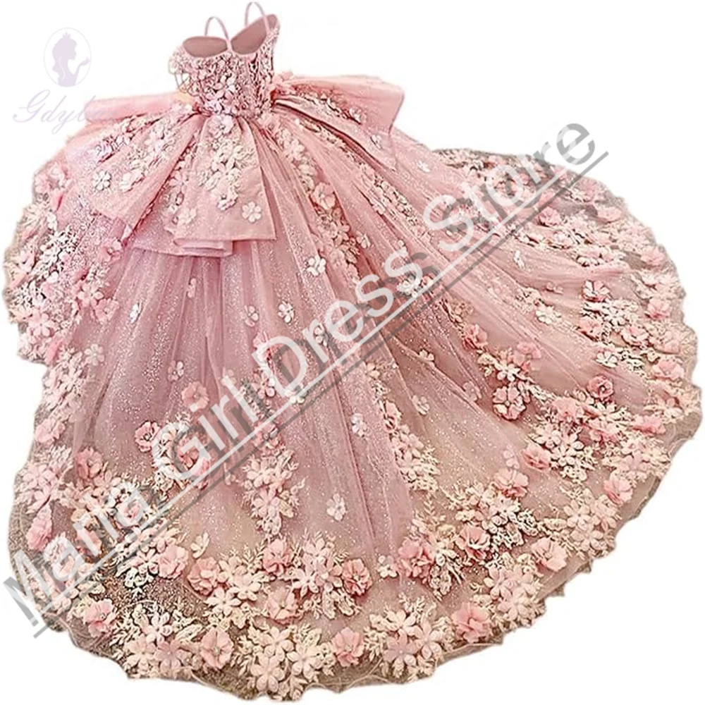 Light Blue Flower Girl Dress Fluffy Thin Straps For Wedding Bowknot Appliques Short Sleeve Kids Birthday First Communion Gown