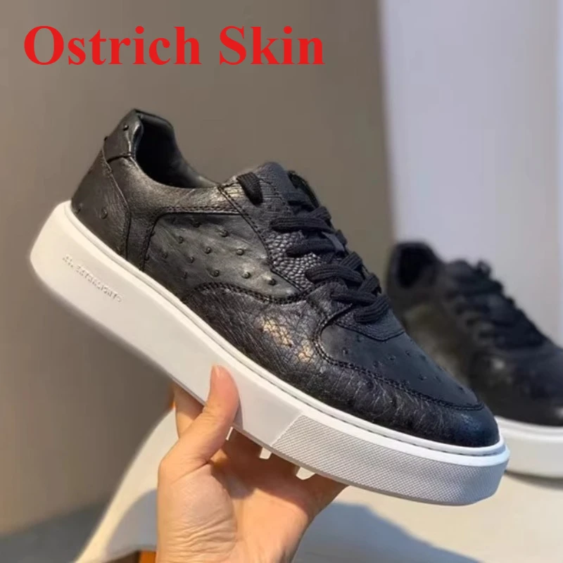 

Ostrich Skin Cowhide Board Shoes for Men's Genuine Leather Hand Sewn Comfortable Breathable Thick Platform Casual Sneakers Male