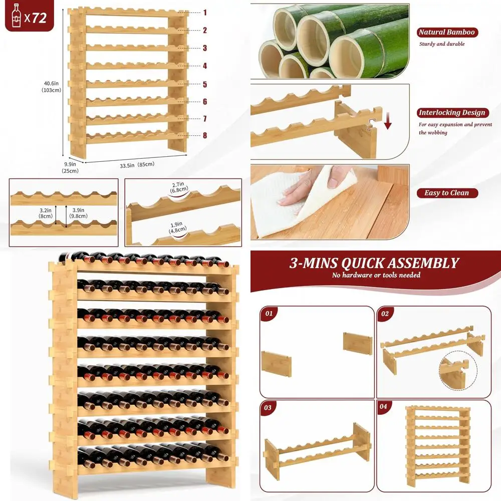 

Штабелируемая винная полка на 72 бутылки, 8-уровневая отдельно стоящая полка для хранения, простая сборка, идеально подходит для кухни, бара, столовой и погреба