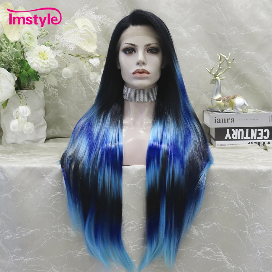 Imstyle Synthetic Lace Front Wig Ombre Balck Blue Wig Long Lace Wig Straight Hair Two Tone Heat Resistant Cosplay Wigs For Women