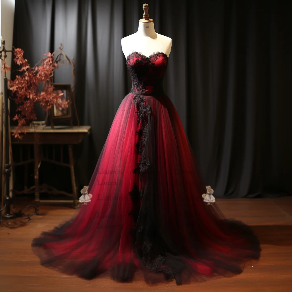 Rose Red and Black Lace Applique Strapless Ball Gown Lace Up Full Length Evening Formal Party Prom Dress Hand Made Custom W2-4