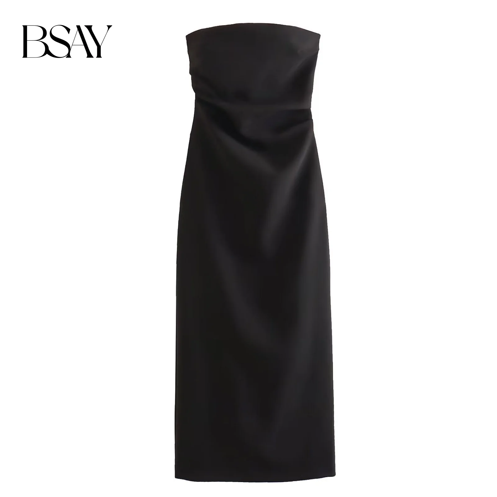BSAY Women Fashion Summer New Sexy Split Back Zip Pleated Sleeveless Strapless Dress Chic Female French Elegant Evening