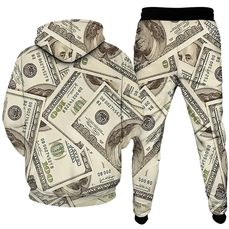 US 100 Dollar 1$ Currency Money Printed Clothes For Men Outdoor Fashion Tracksuit Sweatpants Hoodies 2 Pieces Costume Homme Sets