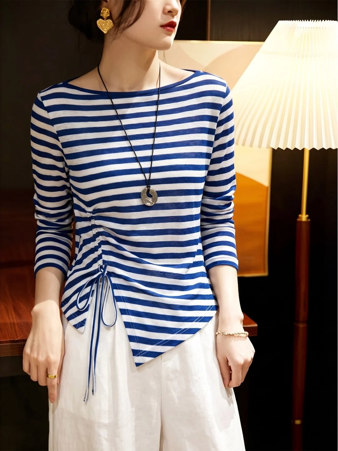 Slimming Stripe Long Sleeve T-Shirt Drawstring Design Autumn New Arrival Women's Fashion Korean Style Straight Cut Silk Top
