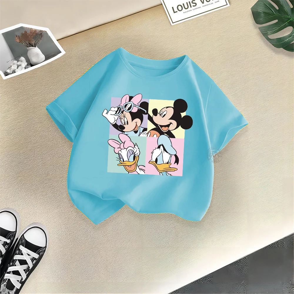 Disney Kids Summer 100% Cotton T-shirt Cartoon Mickey Minnie Fashion Print Teen T-shirt Top Boys Girls Comfortable Casual T-shir