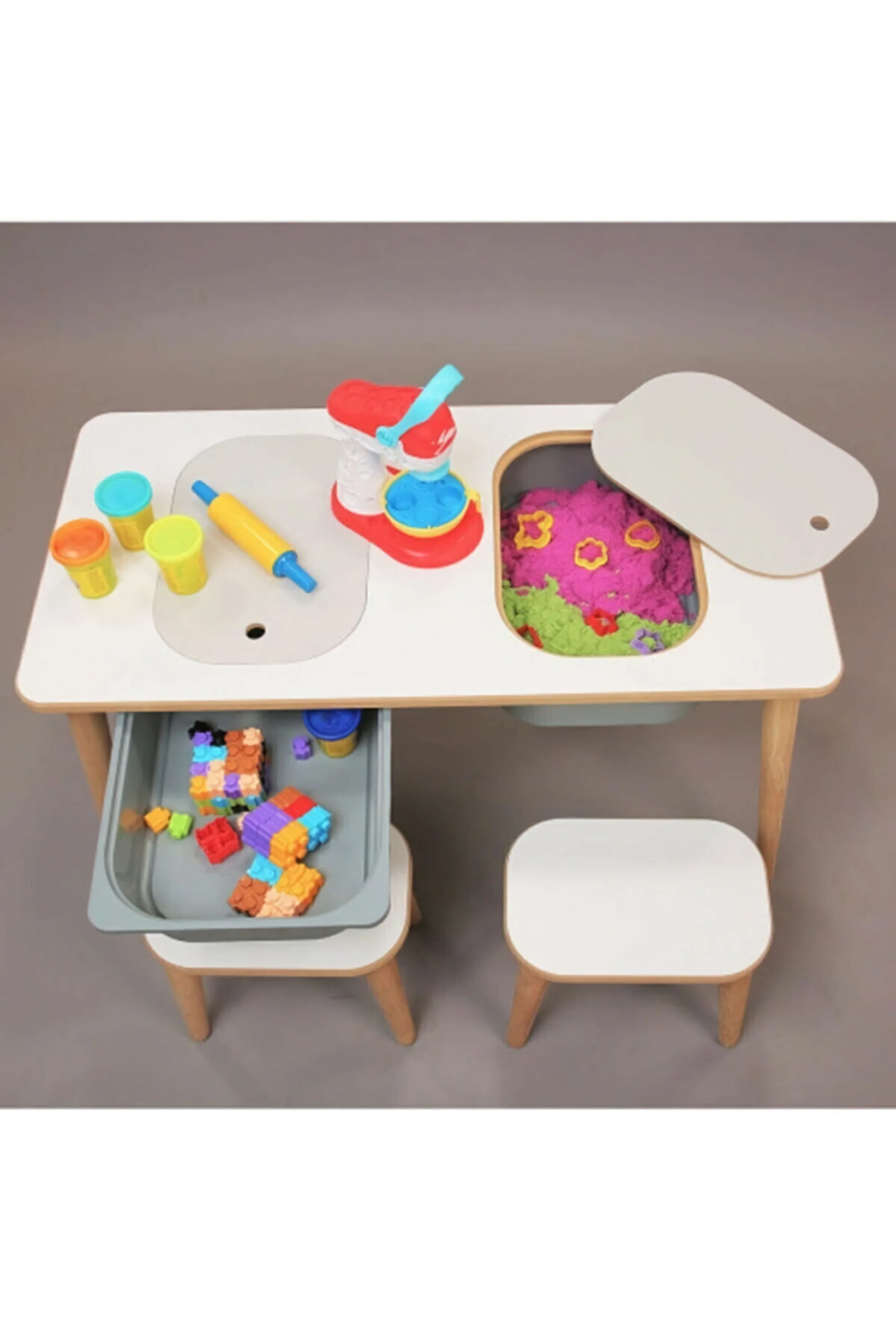 Activity Child Play Board & 2 Pcs Stool Plastic Drawer MDF Structure, Tree Feet Kids Room Desk