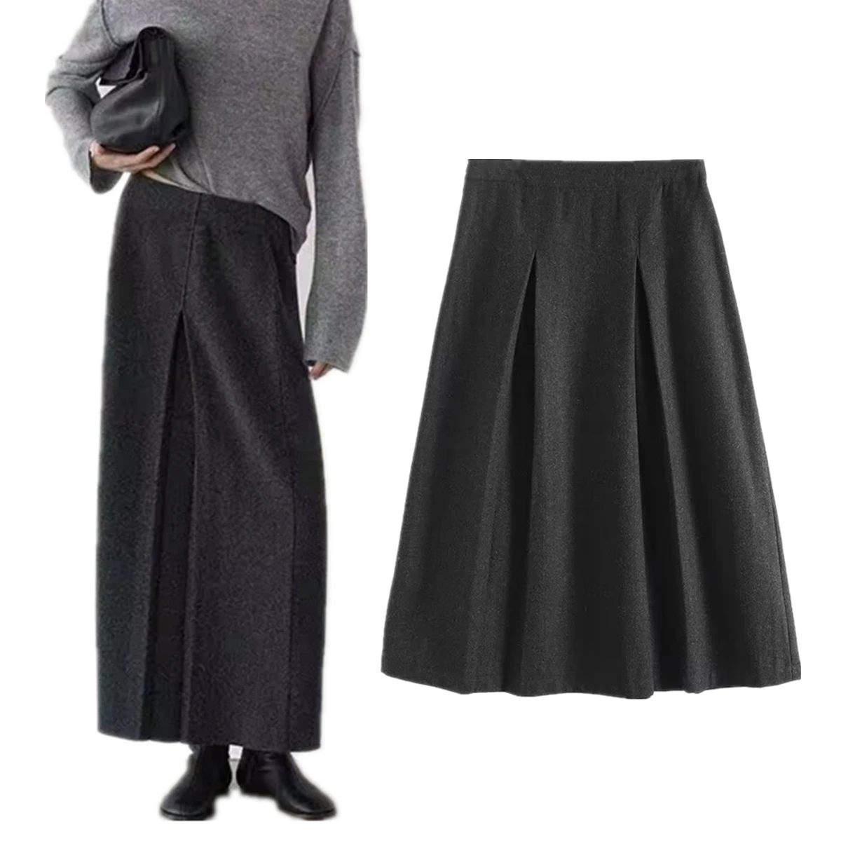 

Withered Minimalist Grey Pleated Skirt Women 2025 Spring French Fashion Ladies ELegant Midi Skirts Womens High Waist Skirt