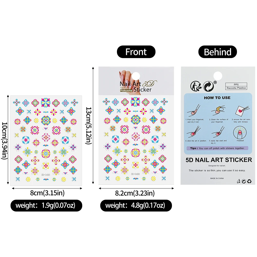 1pcs 5D Relief Boheemse Nail Art Stickers, Chique Bloemen Elegant Borduren Totem Boho Design Nagelbenodigdheden Decoratie Accessoires