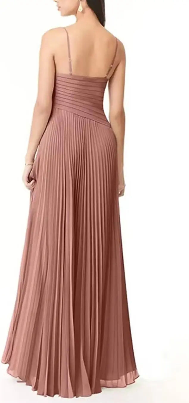 シフォン素材のウェディングゲストドレス 2025 エレガントなVネックプリーツAラインブライズメイドドレス スリット入りマキシドレス BW006 イブニングドレス