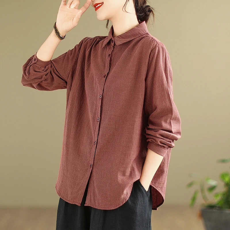 

Women's Pure Cotton Long Sve irt Spring Autumn Double Layer Retro Striped Base Layer Collar Regular Fit Loose Sle