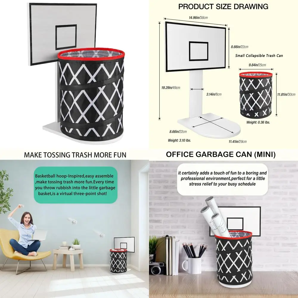 

Basketball-Themed Collapsible Trash Bin with Wooden Backboard, Perfect for Home, Office, or Gym