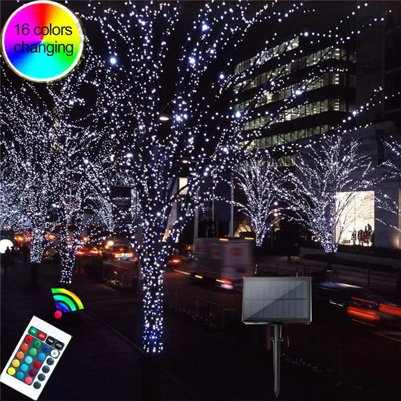 2pcs 16 Color Changing Solar Led String Light  Remote Control Copper Wire Fairy Garlands Party Wedding Christmas Outdoor Decor