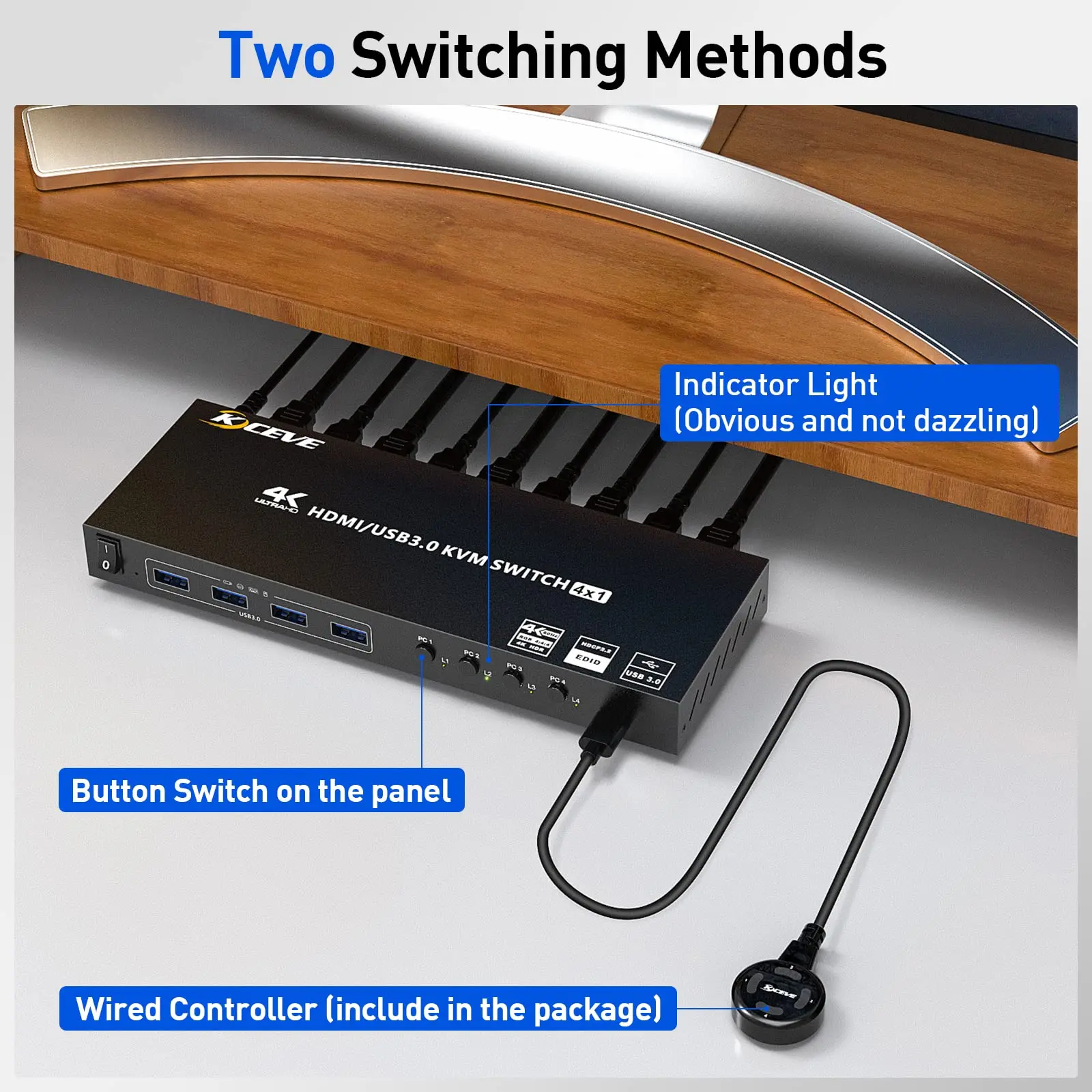 USB 3.0 KVM Switch HDMI 4 Port Support 4K@60Hz 2K@120Hz RGB 4:4:4 Simulation EDID, HDMI USB Switch 4 in 1 Out and 4 USB 3.0 Port