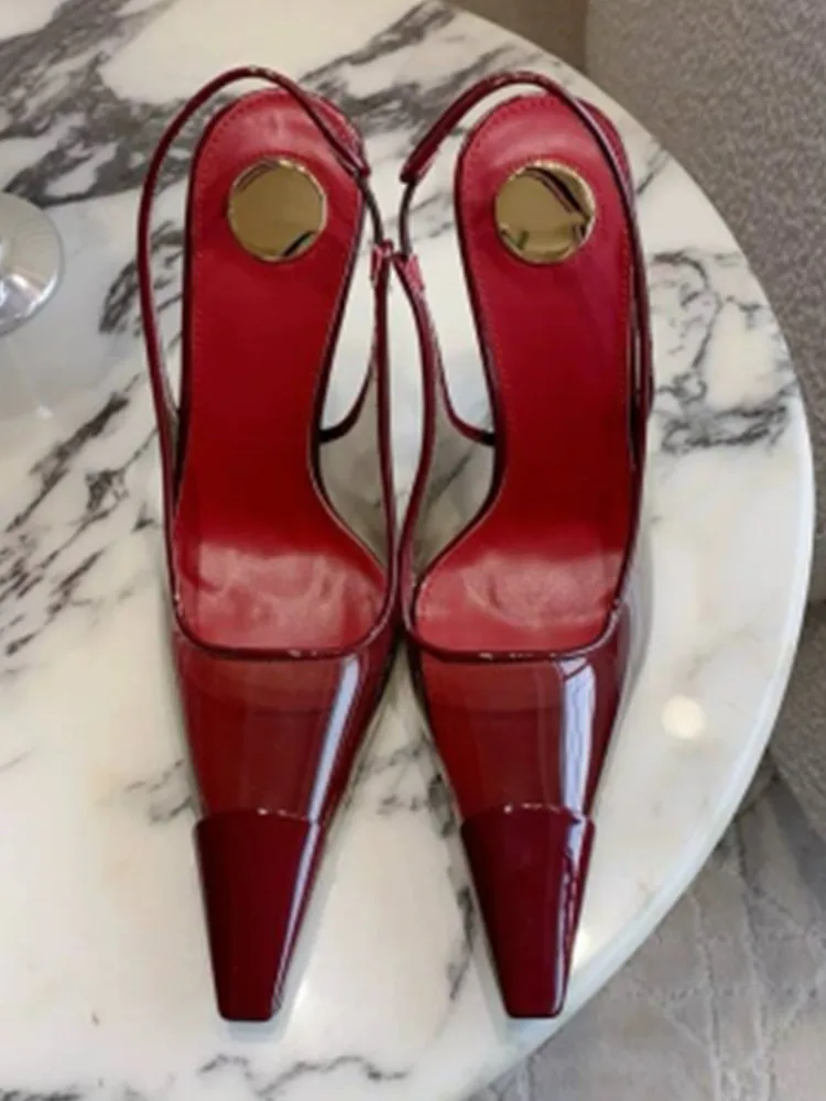 Women's Transparent PVC Square Gold Buckle Slingback Pumps Cutout Metallic Stiletto Heels Pointed Toe Luxury Designer view 4