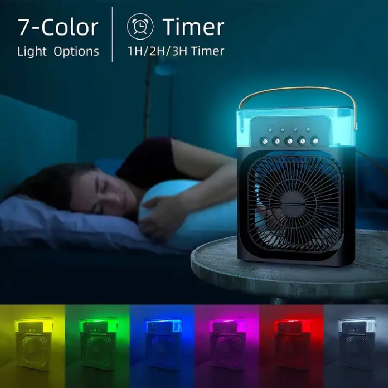 Air Humidifier Portable Fan Mini USB Air Conditioner Fan With 7 Colors LED Light 3 Wind Speeds  3 In 1 Humidifie  For Home