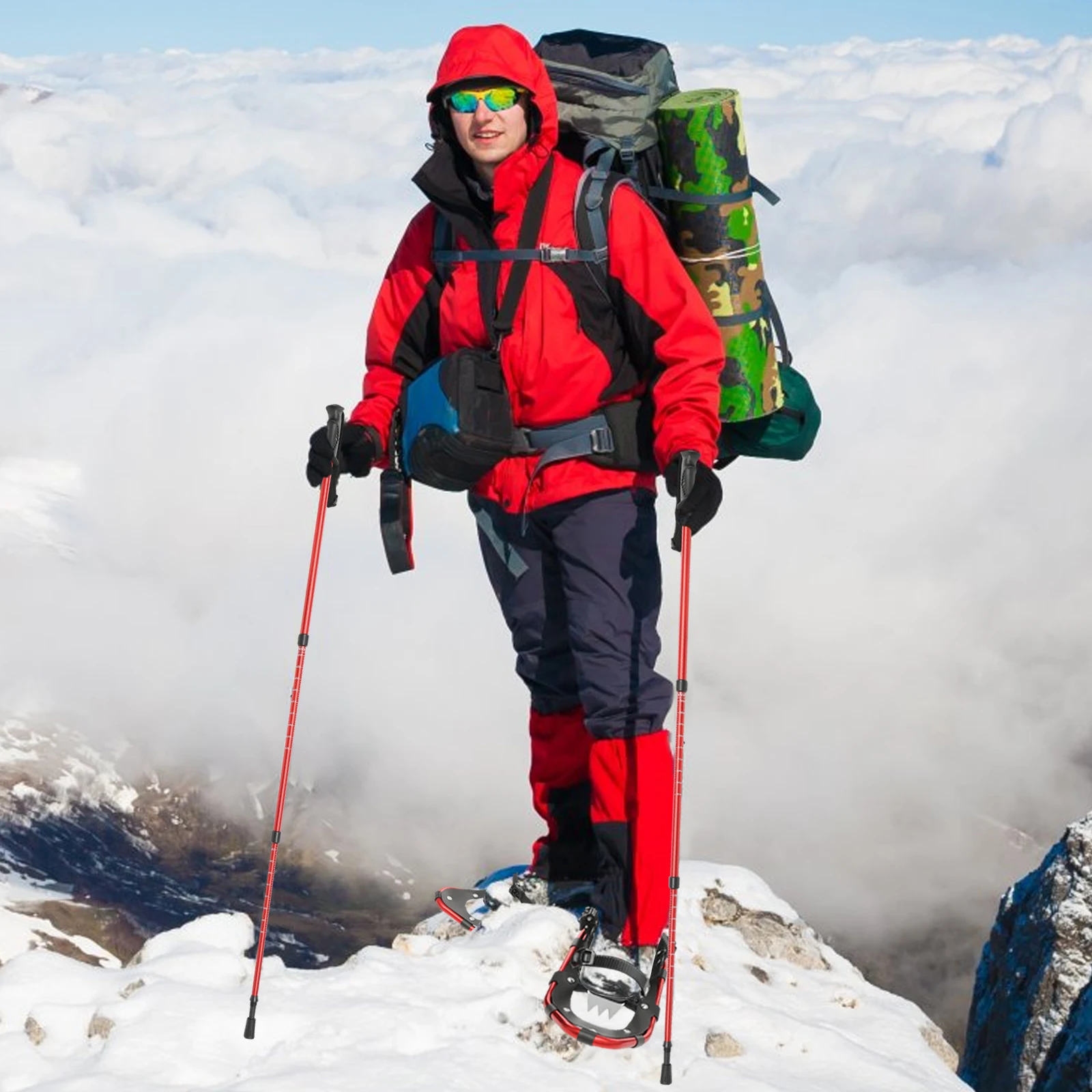 

Outdoor Aluminum Snowshoes Set Portable Snowboard with Adjuatable Trekking Poles, Anti Slip Snowshoes for Shoe Size 35-40