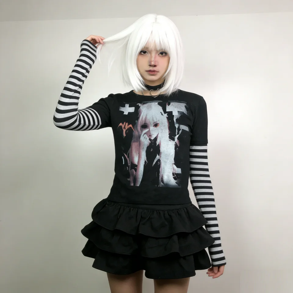 

Harajuku style Japanese print pattern autumn new women's black and white stitching striped long sleeve T-shirt girl Y2K top