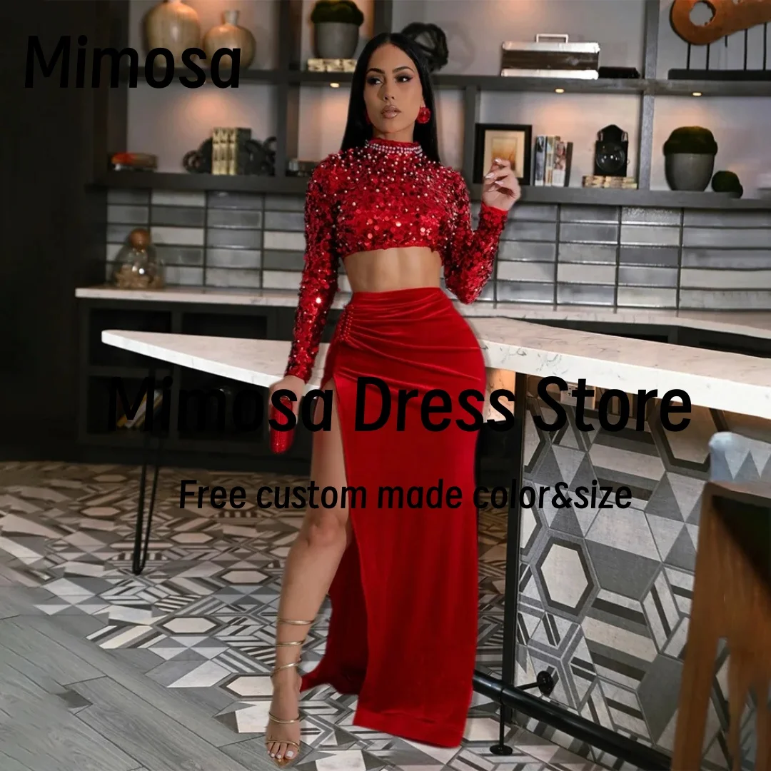 

Mimosa из двух частей платья для выпускного вечера с высоким воротником из бисера и длинными рукавами с блестками Коктейльное платье с разрезом по бокам Вечерние платья по индивидуальному заказу