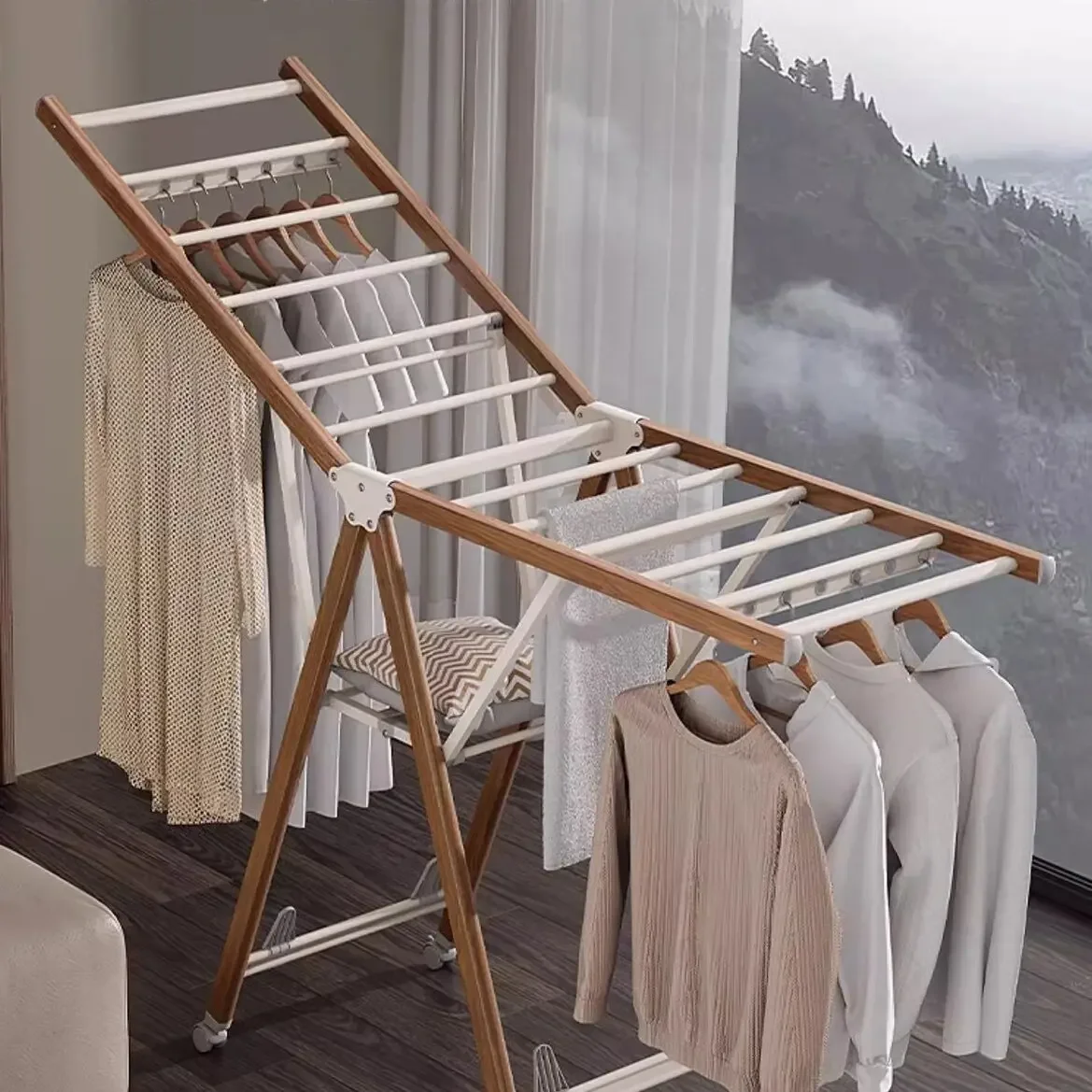2026 Portable Luxury Collapsible Aluminum Folding Butterfly Clothes Drying Rack Simple Black Cloth Rack Rolling Feature For Bath