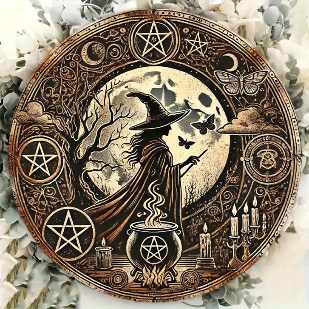 WitchCraft Retro-Wandkunst aus Aluminium – rundes Hexen- und Kesseldesign, Halloween-Hängedekoration mit englischem Text