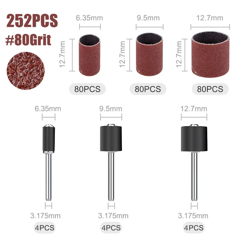 

Sanding Drum Kit 252pcs 80 Grit with 1/8inch Sanding Band Mandrel For Dremel Rotary Tools Polishing
